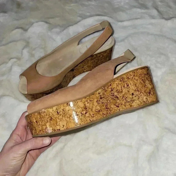 MaxMara Sandal Platform Peep Toe Tan Beige Nubuck Slingback Cork Wedge 38 - Picture 5 of 7